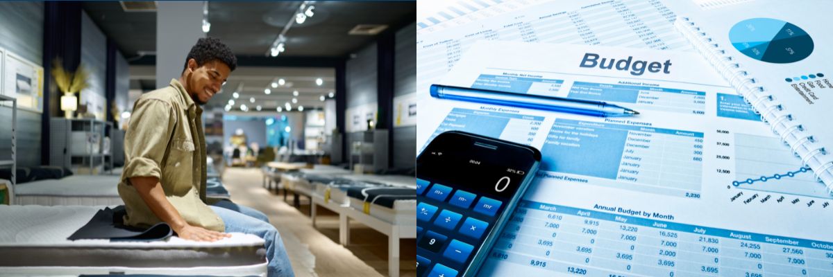 Left side is an image of a man sitting on the edge of a mattress in a store. The right side shows a budget and calculator.