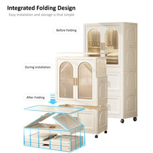 Side Wide Folding Wardrobe, With Magnetic Door, Plastic Storage Cabinet With Wheels (1 Layer Of Wardrobe + 2 Layers Of Folding Boxes + 10 Hangers) - Cream White