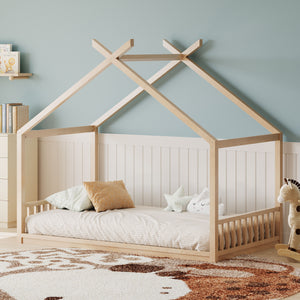 Montessori Style House Bed For Kids, Floor Bed Frame With Headboard And Footboard