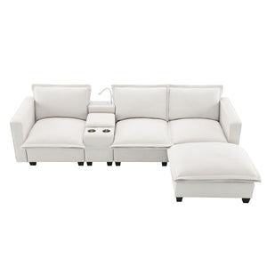 Modern Sectional Cloud Sofa With Console USB Charger Reading Light Cup Holder, Wide Seat 4 Seat Modular Couch Storable Indoor Funiture