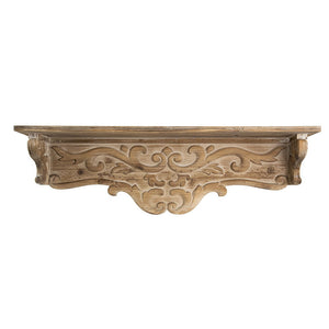 Timeless Fir Wood Floating Wall Shelf With Floral Motif - Brown