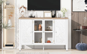 Retro TV Stand With 3 Spacious Cabinets, Glass Cabinet Doors And Anti-Tip Device