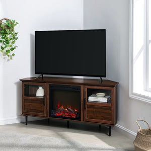 Modern Angled Side Fireplace Corner TV Stand - Dark Walnut