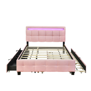 Upholstered Platform Bed With LED Frame, With Trundle And 2 Drawers