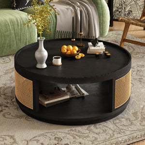 Round Cane Coffee Table With Rattan Side