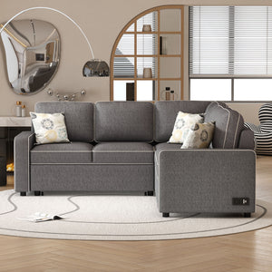 L-Shaped Pull Out Sofa Bed Modern Convertible Sleeper Sofa With 2 USB Ports, 2 Power Sockets And 3 Pillows For Living Room