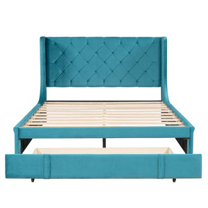Storage Bed Velvet Upholstered Platform Bed With Wingback Headboard And A Big Drawer