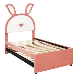 Upholstered Platform Bed With Trundle And 3 Drawers, Rabbit-Shaped Headboard With Embedded LED Lights