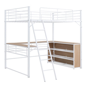 Loft Bed & 3 Layers Of Shelves And L-Shaped Desk