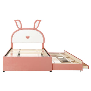 Upholstered Platform Bed With Trundle And 3 Drawers, Rabbit-Shaped Headboard With Embedded LED Lights