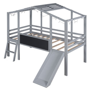 Loft House Bed With Ladder And Slide, With Blackboard And Light Strip On The Roof