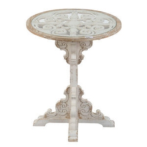 Round Wooden Carved Table Distressed Design - Antique White