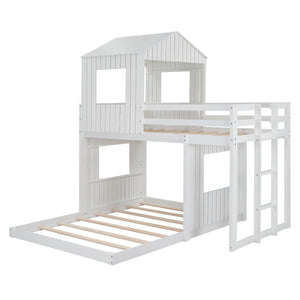 Twin Over Full Bunk Bed, With Playhouse, Farmhouse, Ladder And Guardrails - White
