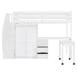 Loft Bed With Stairs, Bookshelf, Drawers, Desk & Wardrobe, Space Saving Multifunctional Furniture