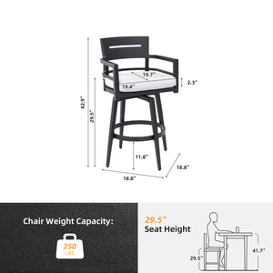 Modern Outdoor Swivel Bar Chairs, 360 Degree Rotation, Ergonomic Backrest, Armrests & Sunbrella Cushions, Weather Resistant (Set of 2) - Ember Black