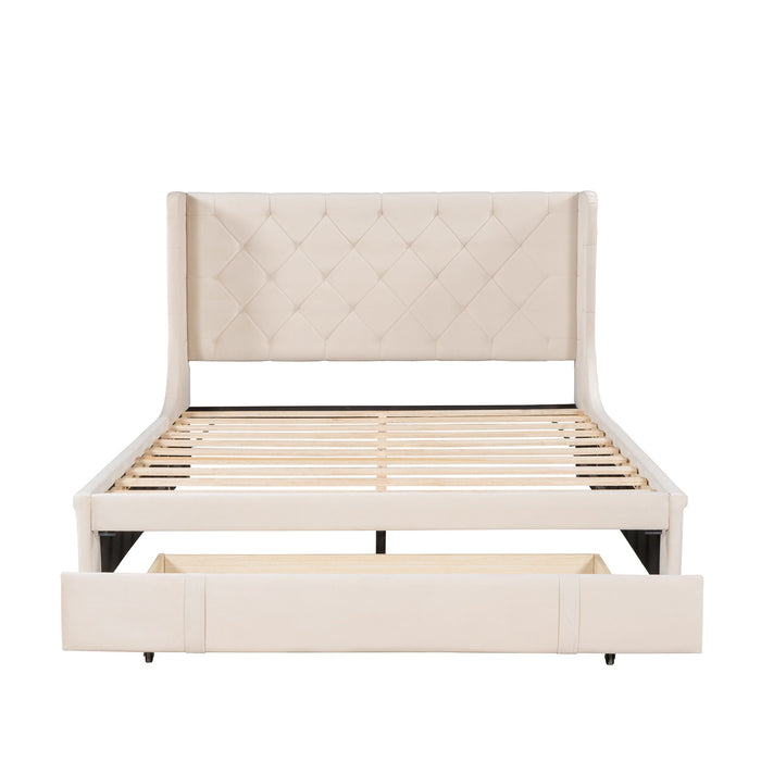 Storage Bed Velvet Upholstered Platform Bed With Wingback Headboard And A Big Drawer