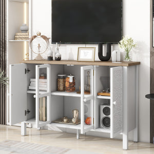 Retro TV Stand With 3 Spacious Cabinets, Glass Cabinet Doors And Anti-Tip Device