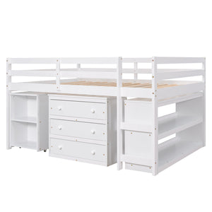 Loft Low Study Bed With Cabinet, Shelves And Rolling Portable Desk, Multiple Functions
