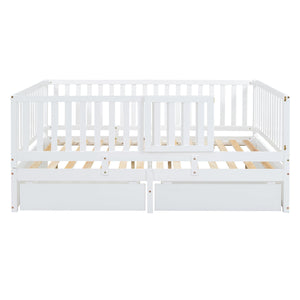 Daybed With Fence Guardrails And 2 Drawers, Split Into Independent Floor Bed & Daybed