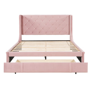 Storage Bed Velvet Upholstered Platform Bed With Wingback Headboard And A Big Drawer