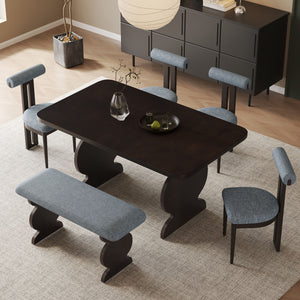 Mid-Century Modern Table Set For 6 Persons With 4 Chairs And Bench, Padded Seats And Backrest