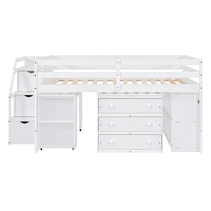Loft Bed With Retractable Writing Desk And 3 Drawers With Storage Stairs And Shelves