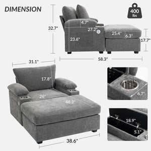 Modern Oversized Chair With Ottoman, Comfy Sofa With Cupholders And USB Charging Ports Chair For Living Room