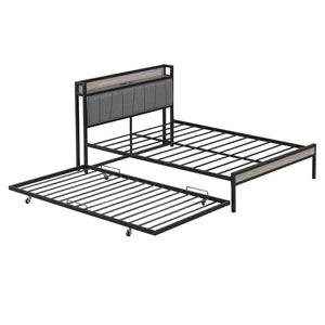 Platform Bed Frame With Trundle, USB Ports And Slat Support, No Box Spring Needed