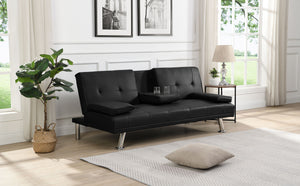 Sofa Bed With Armrest Two Holders Wood Frame, Stainless Leg Futon