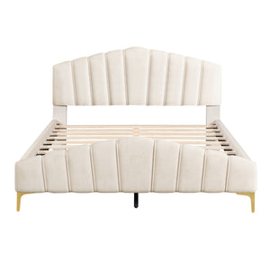 Platform Bed With Thick, Stylish Stripe Decorated Bedboard And Elegant Leg