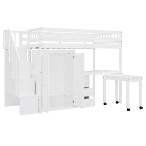 Loft Bed With Stairs, Bookshelf, Drawers, Desk & Wardrobe, Space Saving Multifunctional Furniture