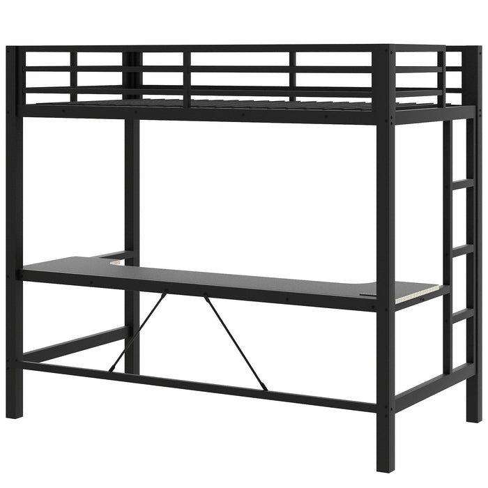 Twin Size Gaming Metal Loft Bed Frame With LED Light And Desk - Black