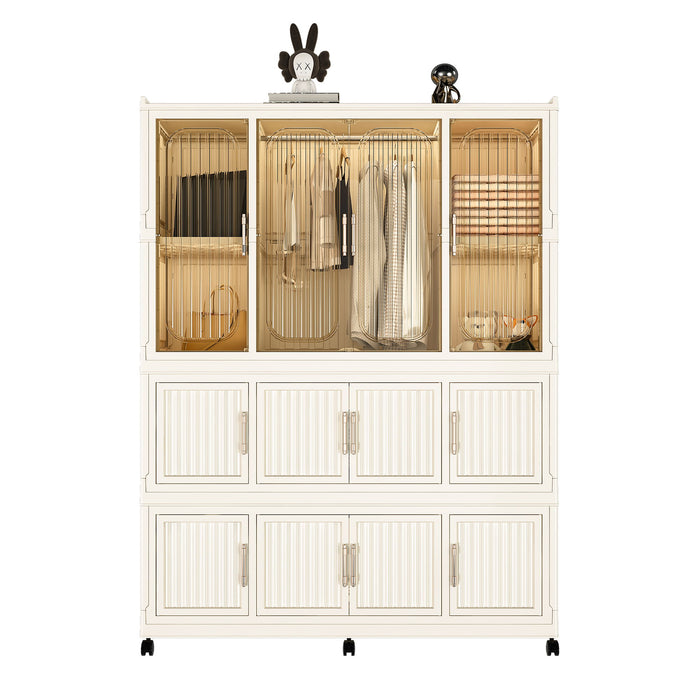 Portable Wardrobe Closet Storage Organizer With 12 Magnetic Doors, 12 Cubes & Hanging Rod - White