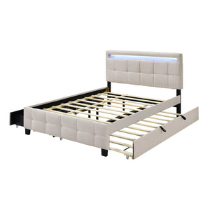 Upholstered Platform Bed With LED Frame, With Trundle And 2 Drawers