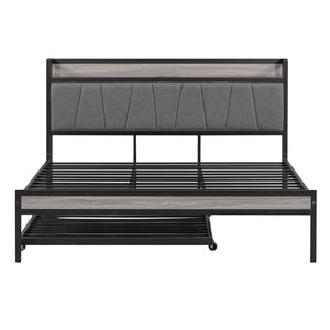 Platform Bed Frame With Trundle, USB Ports And Slat Support, No Box Spring Needed