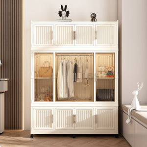 Portable Wardrobe Closet Storage Organizer With 12 Magnetic Doors, 12 Cubes & Hanging Rod - White