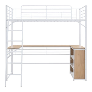 Loft Bed & 3 Layers Of Shelves And L-Shaped Desk