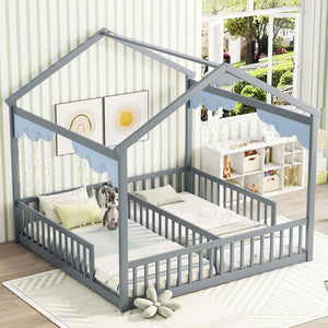 Double Twin House-Style Floor Bed With Fence, Guardrails, Without Door