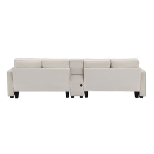 Upholstered Sofa With Console, 2 Cupholders And 2 USB Ports Wired Or Wirelessly Charged, Modern Linen Fabric Couches With 4 Pillows For Living Room, Apartment (4-Seat)