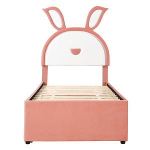 Upholstered Platform Bed With Trundle And 3 Drawers, Rabbit-Shaped Headboard With Embedded LED Lights