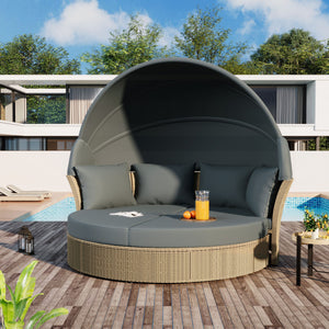 Outdoor Patio Daybed Wicker Rattan Double Daybed Round Sofa Furniture Set With Retractable Canopy, 4 Pillows For Lawn Garden