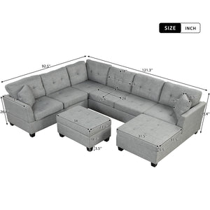 Oversized Sectional Sofa With Storage Ottoman, U-Shaped Sectional Couch With 2 Throw Pillows For Large Space Dorm Apartment