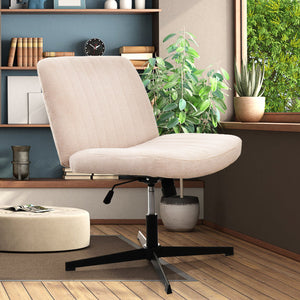 Cross Legged Office Chair, Wide Comfty Desk Chair, Vanity Home Chair No Wheels Armless Computer Task Chair, Swivel And Height Adjustable - Beige