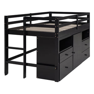 Loft Bed With 4 Drawers, Underneath Cabinet And Shelves
