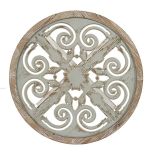 Round Wooden Carved Table Distressed Design - Antique White