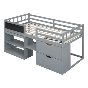 Low Loft Bed With Rolling Desk, Shelf And Drawers