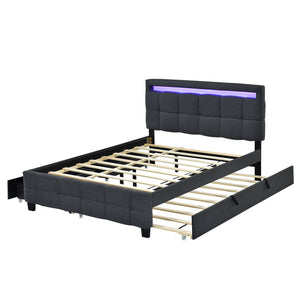 Upholstered Platform Bed With LED Frame, With Trundle And 2 Drawers