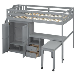 Loft Bed With Stairs, Bookshelf, Drawers, Desk & Wardrobe, Space Saving Multifunctional Furniture