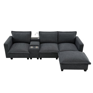 Modern Sectional Cloud Sofa With Console USB Charger Reading Light Cup Holder, Wide Seat 4 Seat Modular Couch Storable Indoor Funiture