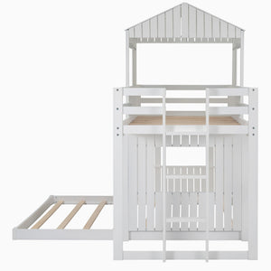 Twin Over Full Bunk Bed, With Playhouse, Farmhouse, Ladder And Guardrails - White